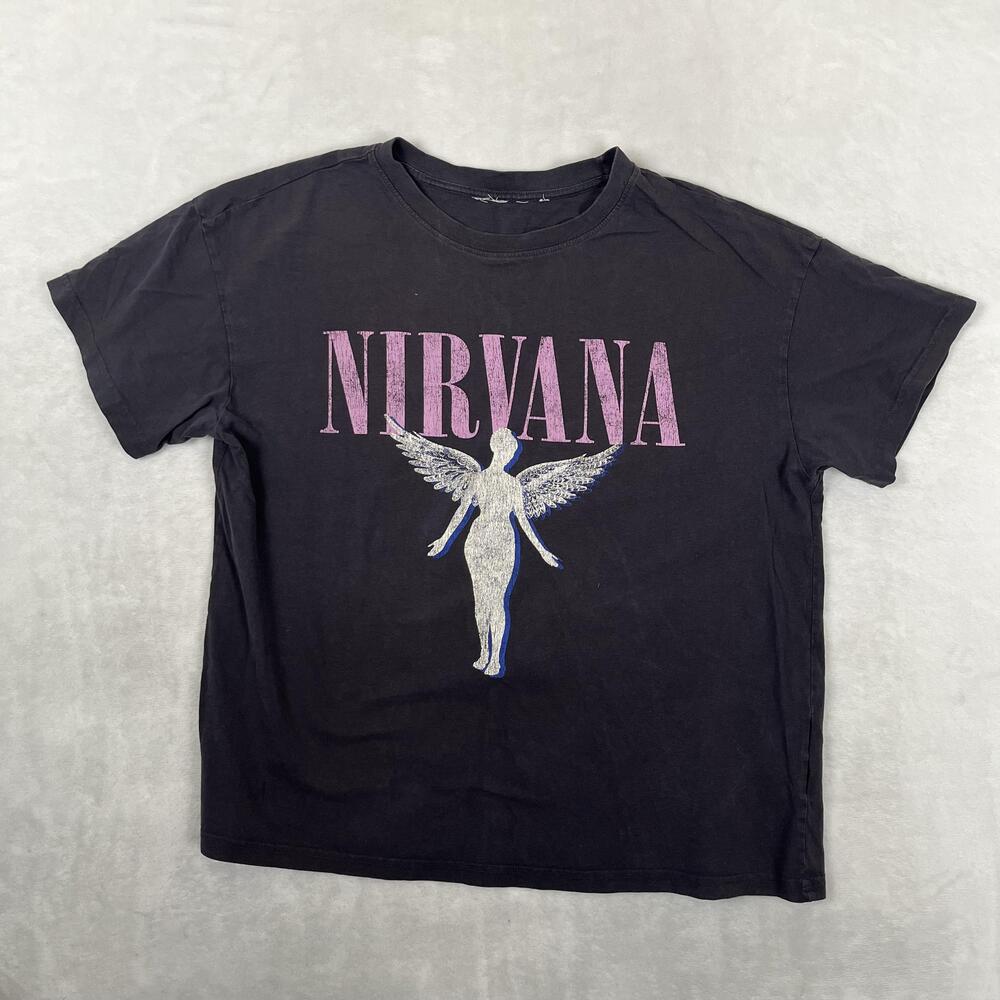 Nirvana T-Shirt Womens Medium Black Angel Grunge Rock Band Retro Boxy Oversized